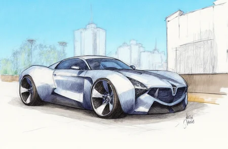 Sharp image of a rough sketch, rendered in vibrant multi colour ballpoint pen, capturing the adorable features of a futuristic sports car on a highway. The car is silver in color and has a sleek and aerodynamic design. It has a low profile with sharp angles and sharp lines on the body. The front of the car has a large grille with a unique design that adds to its futuristic look. The wheels are large and have a unique tread pattern. The background is blurred, but it appears to be a city street with tall buildings and a clear blue sky.  p3nsk, <lora:p3nsk:1>