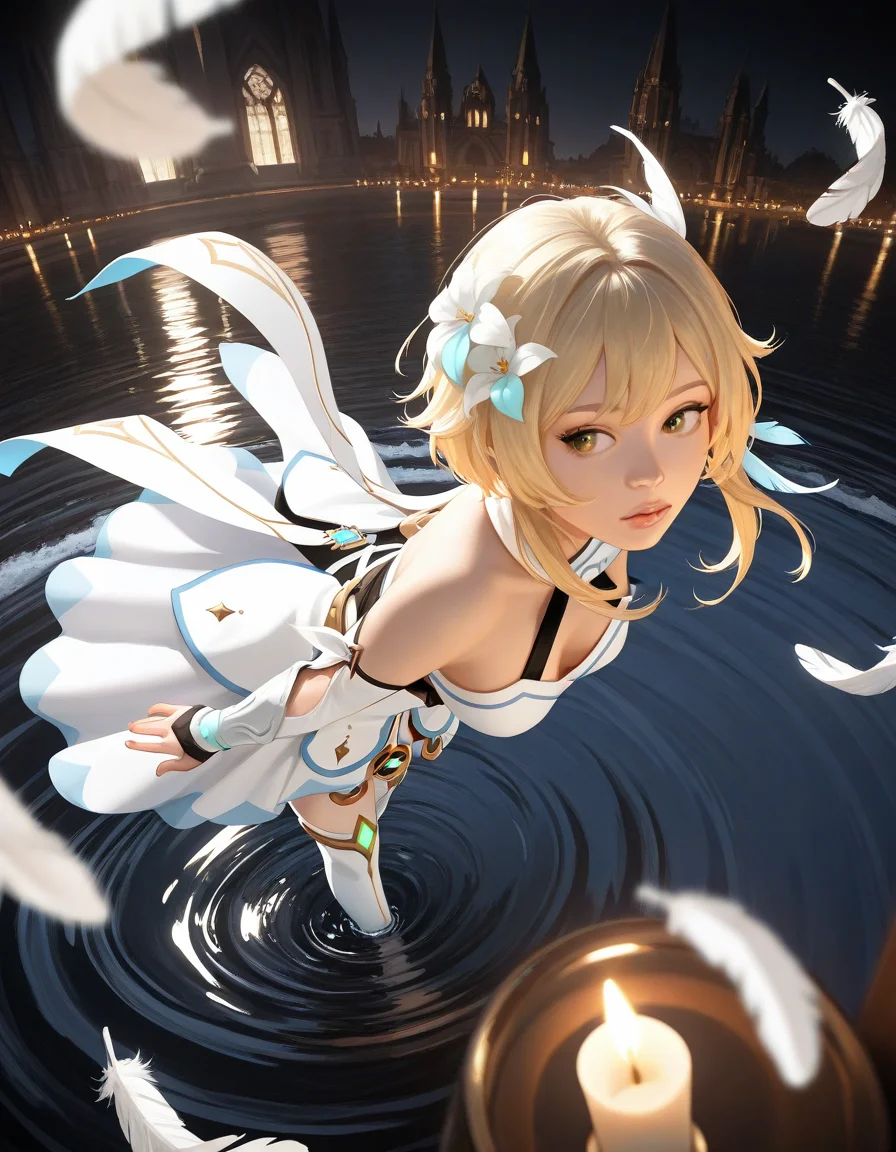 1girl, realistic, (lumine \(genshin impact\):0.7), high contrast, lips, dynamic pose, looking at away,white dress, very awa, hair hair ornament, reflective_eyes, looking at viewer,
dark background, (black background:0.8),reflective water, reflection, depth of field, blurry foreground, feathers, candlelight, depth of field, from above, chiaroscuro, wading, glowing water, lens flare, cathedral,
from above,full body,dutch angle, water waves, fisheye, twilight, thighhighs,