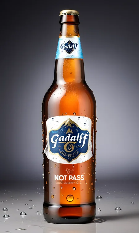 <lora:bevlabsdxl:0.9>,a beer bottle with a galdalf on it, text " Not Pass", bevlabsdxl,  best quality, masterpiece, water droplets, logo, fancy beer,
