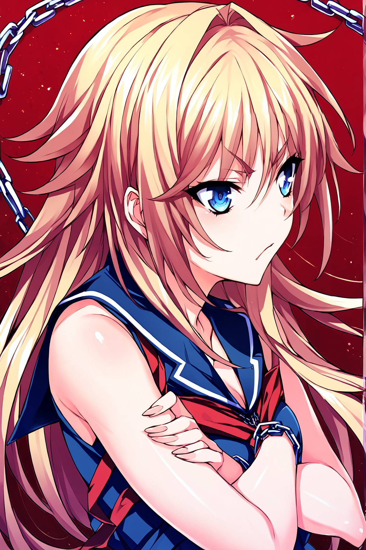 score_9, score_8_up, score_7_up, score_6_up, score_5_up, score_4_up, profile picture, 
1girl, solo, Tsujidou Ai, long hair, blonde hair, blue eyes, chains, serafuku, simple background, red background, gradient background, crossed arms, (pout:0.9), light frown, <lora:Tsujidou_Ai2.0:1>