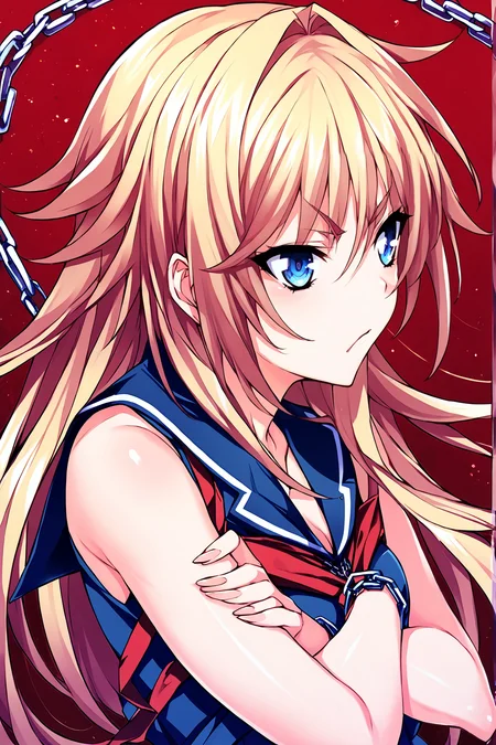 score_9, score_8_up, score_7_up, score_6_up, score_5_up, score_4_up, profile picture,
1girl, solo, Tsujidou Ai, long hair, blonde hair, blue eyes, chains, serafuku, simple background, red background, gradient background, crossed arms, (pout:0.9), light frown, <lora:Tsujidou_Ai2.0:1>