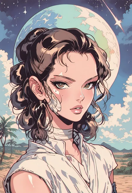 score_9, score_8_up, score_7_up, score_6_up, score_5_up, score_4_up, BREAK sourse_anime, retro anime style, detailed retro anime, 90's anime style, 1990s \(style\), Vintage, dreamy psychedelic anime, high quality, best quality, anatomically correct, masterpiece, BREAK 1woman, solo, from front, upper body shot, BREAK solo, (Rey Skywalker), brown hair, brown eyes, sleeveless, jedi, white cloth, white pants, white bandages, fully clothed, BREAK looking up, shooting star, large moon, desert at night, BREAK (hands reach out to the star), (night, shining stars in the sky on background), translucent rainbow, cowboy shot, d41z3n