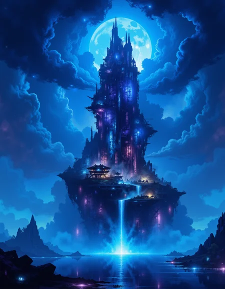 cyberpunk tower on an floating island in the night sky dark storm clouds  engulfing the island,  lightning,  cold moon, waterfall, hologram, neon lights<lora:ck-OneViolentFantasy:0.7> in the style of ck-ovf, <lora:ck-Sommo-Concept-Art:1> A digital painting in the style of ck-js,