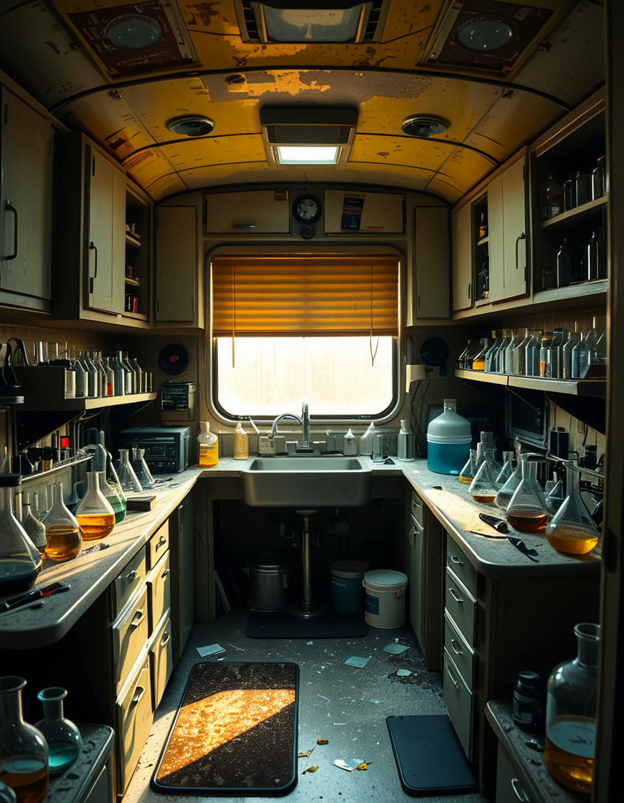The interior of an old RV converted into a clandestine drug laboratory, inspired by the TV series Breaking Bad. The space is cramped and messy, filled with scientific equipment, glass beakers, flasks, burners, chemical containers, and lab tools scattered around. The walls are aged and stained, with peeling wallpaper and old metallic cabinets. A small sink area is cluttered with dirty lab glassware. The lighting is dim and tinted yellow, with sunlight barely filtering through dusty blinds. The floor is grimy, with a mix of rubber mats and worn carpet. The overall atmosphere is tense and gritty, capturing a sense of secrecy and danger. Hyper-realistic style, cinematic composition, rich in textures and shadows.
<lora:SDXLFaeTastic2400:0.4> <lora:extremely_detailed:0.4> extremely detailed,<lora:old_RV_drug_l4b0r4t0ry:1>,old RV drug l4b0r4t0ry, Masterpiece,best quality,hi res,8k,hi res,8k,award winning,(sharp focus, intricate, highly detailed),