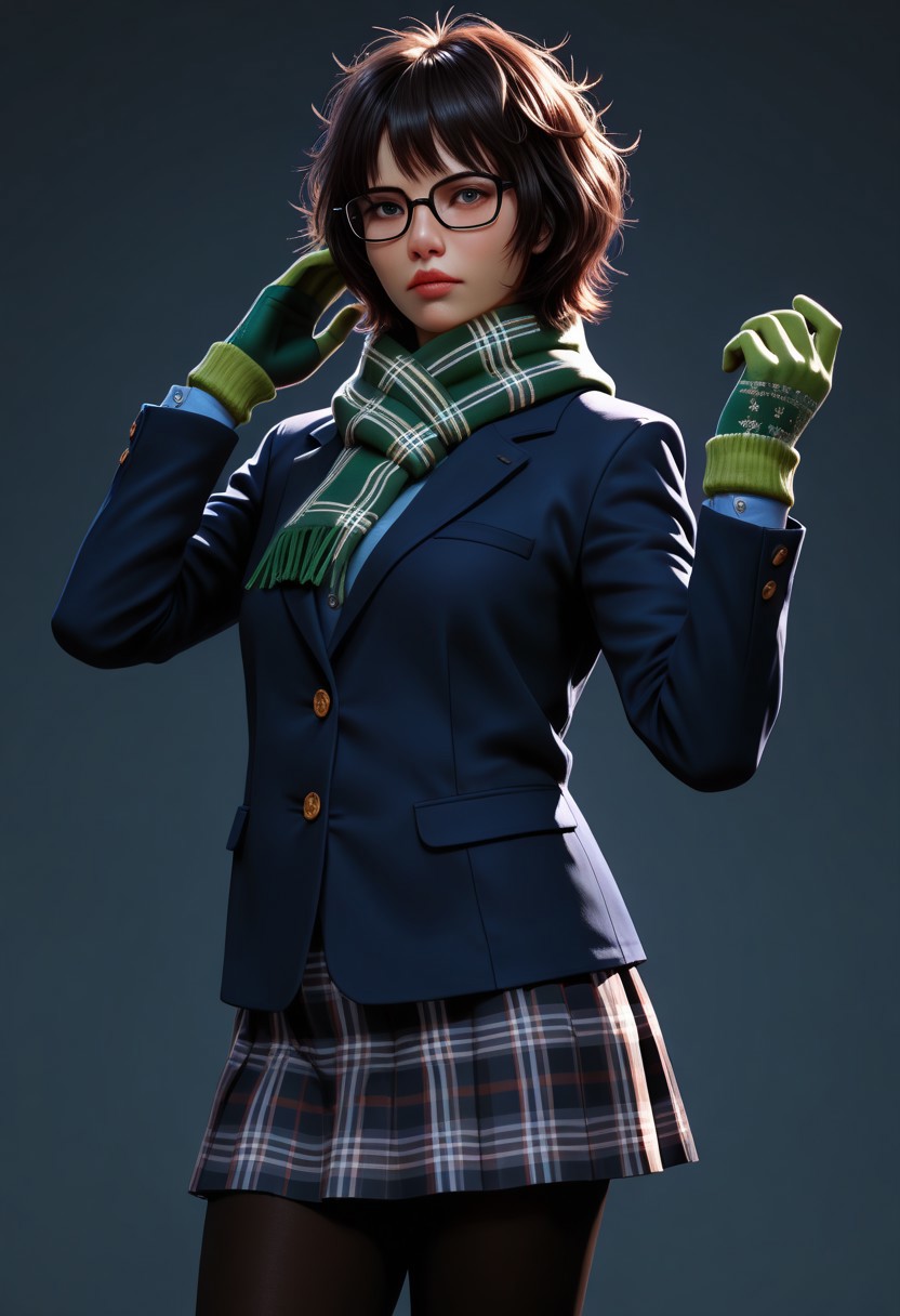 lazypos, realistic, standing pose, cowboy shot. cinematic lighting, dynamic angle, 
1girl, solo, miyazusmtv, short hair, messy hair, glasses, scarf, blazer, shirt, plaid skirt, black pantyhose, green gloves,
simple background