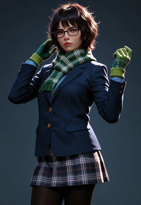 lazypos, realistic, standing pose, cowboy shot. cinematic lighting, dynamic angle, 
1girl, solo, miyazusmtv, short hair, messy hair, glasses, scarf, blazer, shirt, plaid skirt, black pantyhose, green gloves,
simple background
