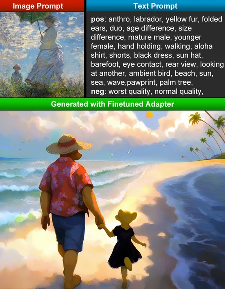 anthro, labrador, yellow fur, folded ears, duo, age difference, size difference, mature male, younger female, hand holding, walking, aloha shirt, shorts, black dress, sun hat, barefoot, eye contact, rear view, looking at another, ambient bird, beach, sun, sea, wave,pawprint, palm tree,