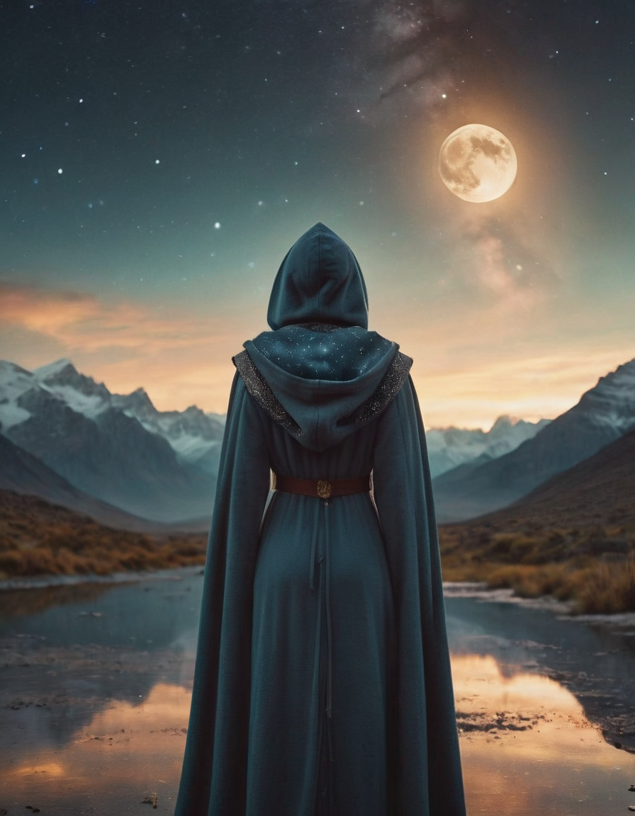 cinematic film still cinematic still fflix_ufantasy, star (sky), hood, scenery, moon, robe, from behind, starry sky, hooded cloak, planet, cloud, reflection, standing, facing away, mountain, night, 1girl . emotional, harmonious, vignette, highly detailed, high budget, bokeh, cinemascope, moody, epic, gorgeous, film grain, grainy", "fflix_ufantasy, star (sky), hood, scenery, moon, robe, from behind, starry sky, hooded cloak, planet, cloud, reflection, standing, facing away, mountain, night, 1girl, extremely detailed beautiful, establishing shot, artistic, hyperrealistic, beautiful face, octane render, cinematic lighting, dramatic lighting, masterpiece
 <lora:fflix_ufantasy-000004:1>, , <lora:FILM_PHOTOGRAPHY_STYLE:0.25> . shallow depth of field, vignette, highly detailed, high budget, bokeh, cinemascope, moody, epic, gorgeous, film grain, grainy