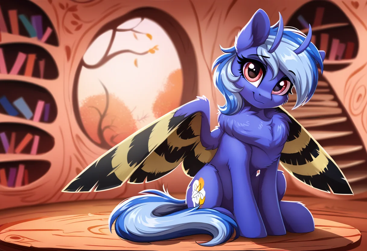 score_9, score_8_up, score_7_up, score_6_up, score_5_up, score_4_up, rating_safe, female, monster pony, moth, pony, solo, mothpony, original species, antennae, chest fluff, cute, fluffy, golden oaks library, high res, hnnng, looking at you, oc, sitting, wings, head tilt, oc only, weapons-grade cute, ocbetes, smiling, spread wings, cheek fluff, neck fluff, belly fluff, oc:flūf, detailed, beautiful, detailed background, <lora:Wholesome-MLP-v1.3b:1>