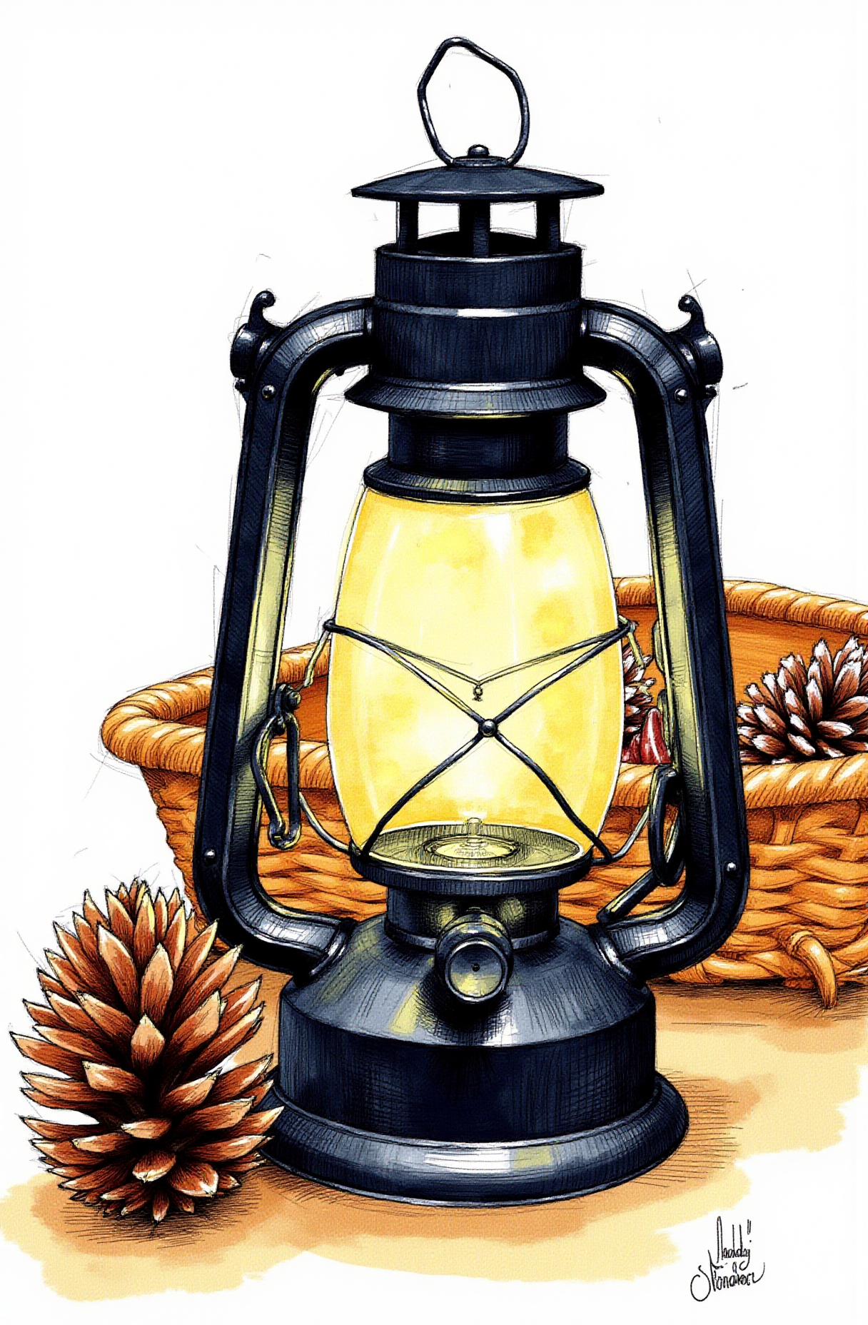 Sharp image of a rough sketch, rendered in vibrant multi colour ballpoint pen, capturing the adorable features of an old-fashioned lantern with a handle and a spout. The lantern is made of metal and has a black finish. It is placed on a wooden surface with a woven basket and a pine cone in the background. The light from the lantern is turned on, creating a warm glow. The overall mood of the image is cozy and rustic.  p3nsk, <lora:p3nsk:1>