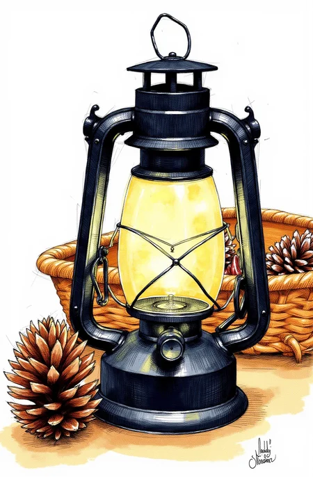 Sharp image of a rough sketch, rendered in vibrant multi colour ballpoint pen, capturing the adorable features of an old-fashioned lantern with a handle and a spout. The lantern is made of metal and has a black finish. It is placed on a wooden surface with a woven basket and a pine cone in the background. The light from the lantern is turned on, creating a warm glow. The overall mood of the image is cozy and rustic.  p3nsk, <lora:p3nsk:1>