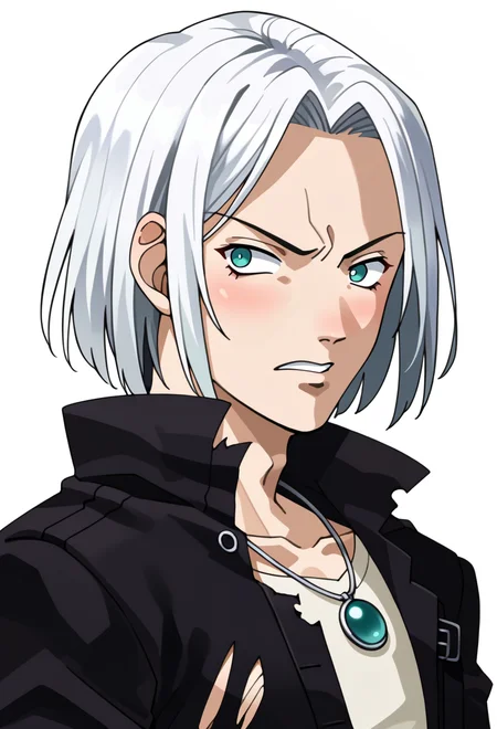score_9, score_7_up, source_anime, BREAK <lora:zs_SoulHackersPortraitsXL:1> soulhackersportraits, portrait, white background, 1boy, teal eyes, tsurime, parted bangs, white hair, medium hair, straight hair, shoulder-length hair, black coat, shirt, multiple belts, torn clothes, necklace, black coat, solo, male focus,