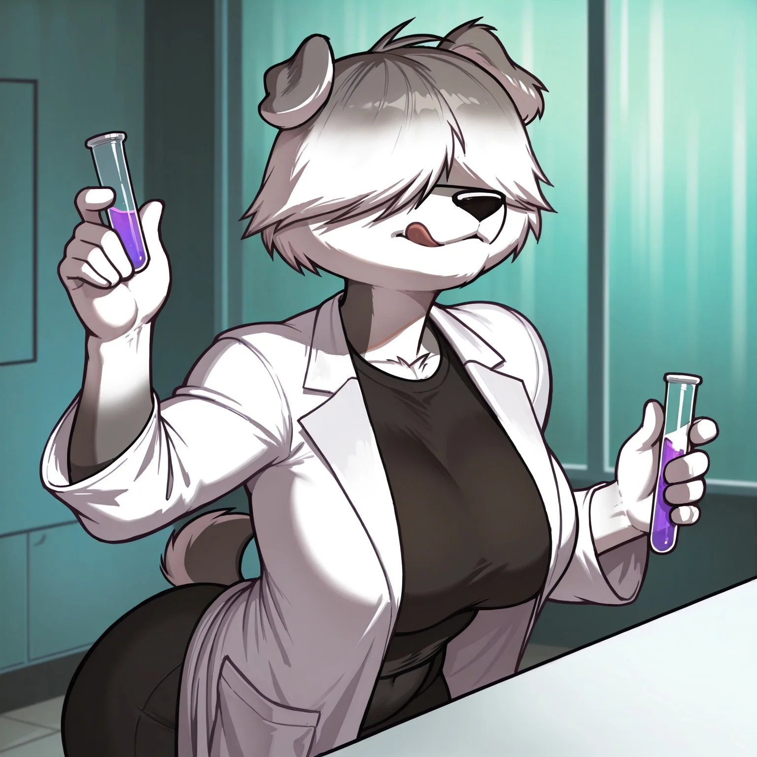 masterpiece, best quality, highly detailed, realistic, 1girl, solo, ShawnaCC, furry, anthro, canine, dog girl, hair over eyes, white hair, short hair, black nose, white body, white fur, gray body, gray fur, two tone body, two tone fur, short tail, big breasts, upper body, (white lab coat, black pants black shirt), closed mouth, licking lips, looking at viewer, standing, front view, arrusa, (holding vial, science lab, white table), detailed background, (5 fingers)