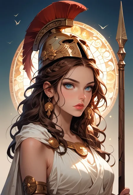 Stable_Yogis_PDXL_Positives, (score_9, score_8_up, score_7_up), ((Greek mythology style)), ((face focus, eye focus, dynamic angle, motion)), 1girl, solo, fantasy, (greek_athena, helmet ontop of head, brown hair, long hair, toga, armor, sandals), (ancient greek clothes), (armor), (holding spear), lace, cape, breathless intimacy, tanned skin, petite model bombshell, heart, young, delicate features, narrow pointy nose, tiny nose, lust, big eyes, seductive eyes, blue eyes, detailed skin, flared lashes, mascara, makeup, perky huge breasts, athletic body, narrow waist, skinny hips, 
warm light, detailed, neon dark party
 BREAK
milky way, runes, arcane, astral, surreal, ethereal glow, masterpiece, best quality, intricate design. colorful, moonlit nightsky, stained glass aesthetic, moody whimsical color palette, murano glass, bold soldering lines, volumetric light shining through, crepuscular rays, intricate craftsmanship, detailed texture, luminous transparency, reflective light play, vivid hues, atmospheric depth, enchanting silhouette, art nouveau,