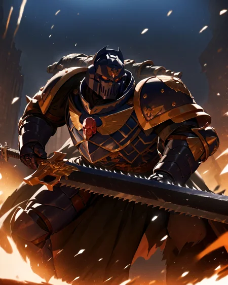 masterpiece, best quality, very aesthetic, absurdres
BREAK
gothic architecture in background, extremely detailed, absurdres, masterpiece, cel shading,
BREAK
full body, Space Marine, alpha legion, portrait, charging forward, He is holding a 40kchainsword up. He is wearing a helmet, intricate blue_darkness armor, silver trimmings, cross detailing, torn cape, blue_darkness gauntlets, black fur, blue_darkness plate armor, full armor, panoply, three headed hydra symbol on shoulder_pad,
<lora:Astartes:1> <lora:Bad_Hands_lora:0.8> <lora:Bolter_-_Warhammer_40000_SDXL:0.6> <lora:sinfully_stylish_SDKL:1> <lora:Expressive_H:1>