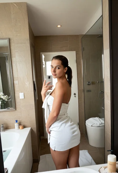 realistic photo, 30 year old latina woman, short, thin lips, tanned skin, tight black ponytail, taking a selfie in the bathroom mirror, plain black iphone, brown eyes, narrow waist, short stature, wrapped in large white towel, after shower, large ass, thick thighs, trimmed dark pubic,real life photo, amateur, reddit, s1_dram, towel wrapped around body