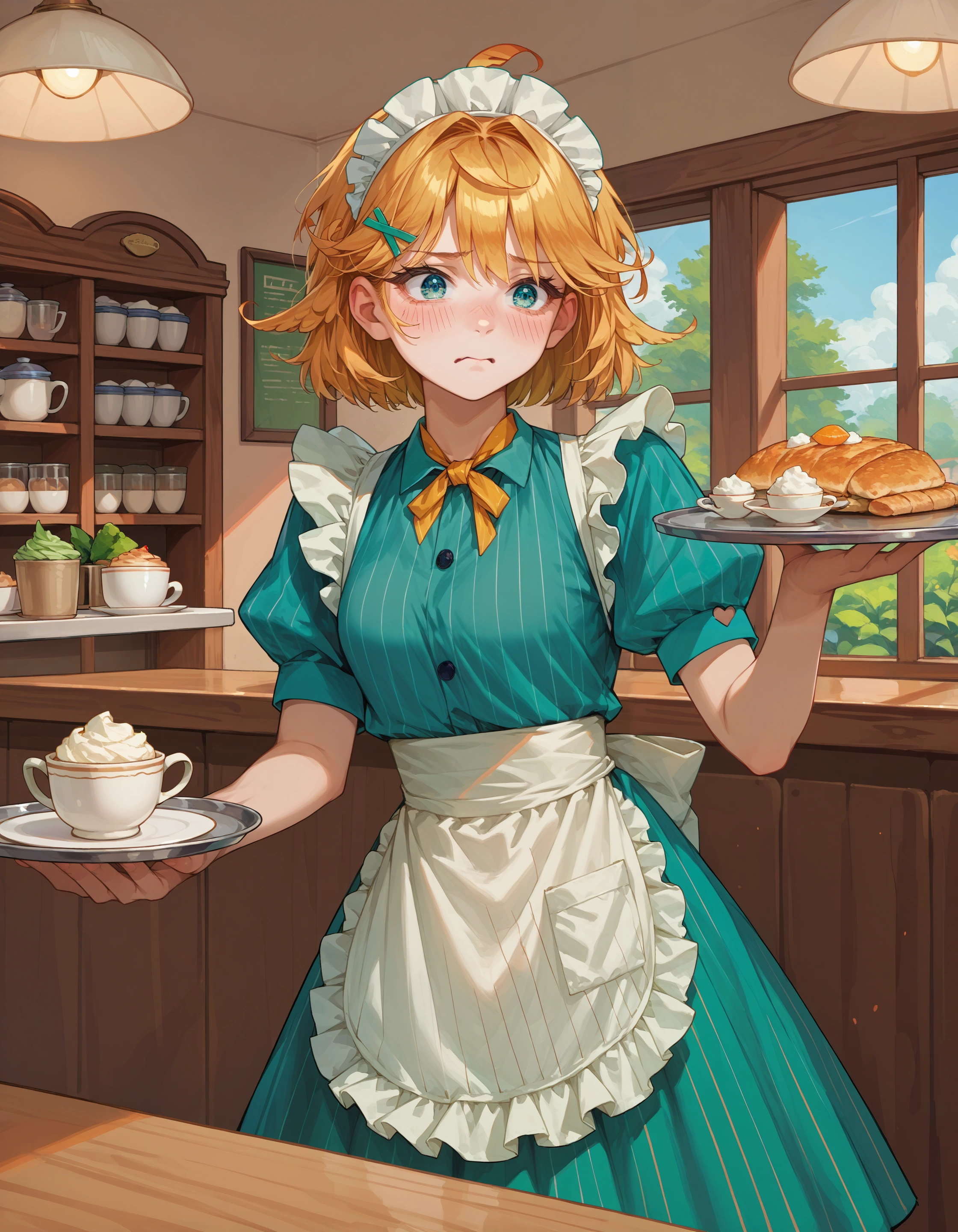 score_9, score_8_up, score_7_up, source_anime,
1girl, dokibrd, flustered, aqua eyes,
maid, maid headdress, striped dress, green dress, white apron,
cafe, holding tray, frappuccino
 <lora:char_dokibird-bounty-pony:1>