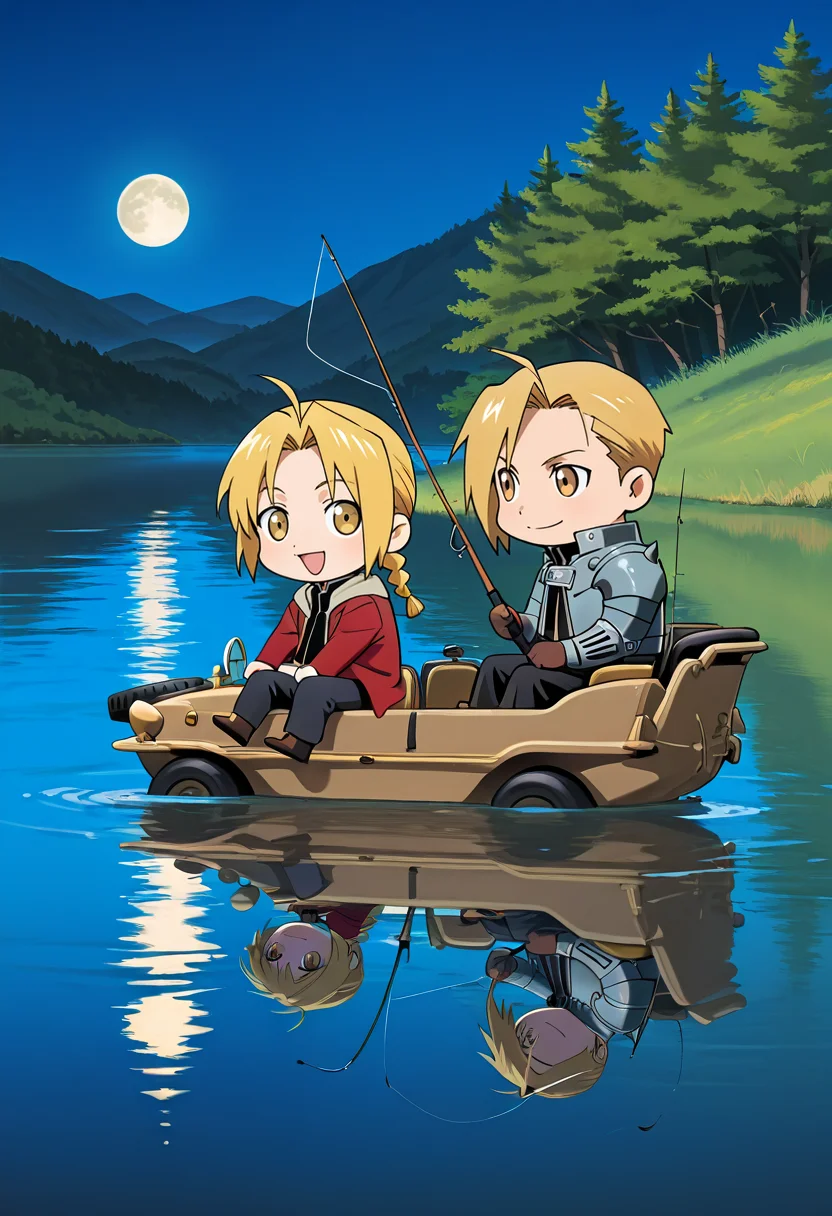 score_9,score_8_up,score_7_up,source_anime,masterpiece,best quality,detailed digital illustration,night,moon,lake,simple background,left hand drive,<lora:swimmwagen:1>,schwimmwagen,german grey,floating on lake,
2boys,smiling,edward_elric \(fullmetal_alchemist\),blond hair,sit in Navigator seat,gloves,jacket,chibi,fishing,hold fishing rod,
2boys,alphonse_elric  \(fullmetal_alchemist\),sit in driver's seat,chibi,fishing,hold fishing rod,armor,