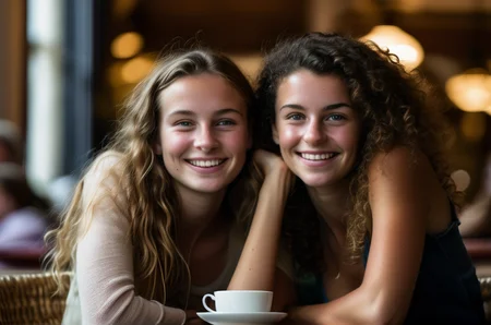 In an endearing close-up photograph, two close young european girls, with radiant smiles and sparkling eyes, sitting in a cafe and looking directly at the viewer. The genuine bond between them is evident in their warm expressions. The background, beautifully blurred through a high depth of field, accentuates the focus on their heartfelt connection. Captured in a Photographic style with a 50mm prime lens, ensuring exquisite facial details and a natural perspective that brings out the authenticity of their friendship. <lora:faces_v3:1>