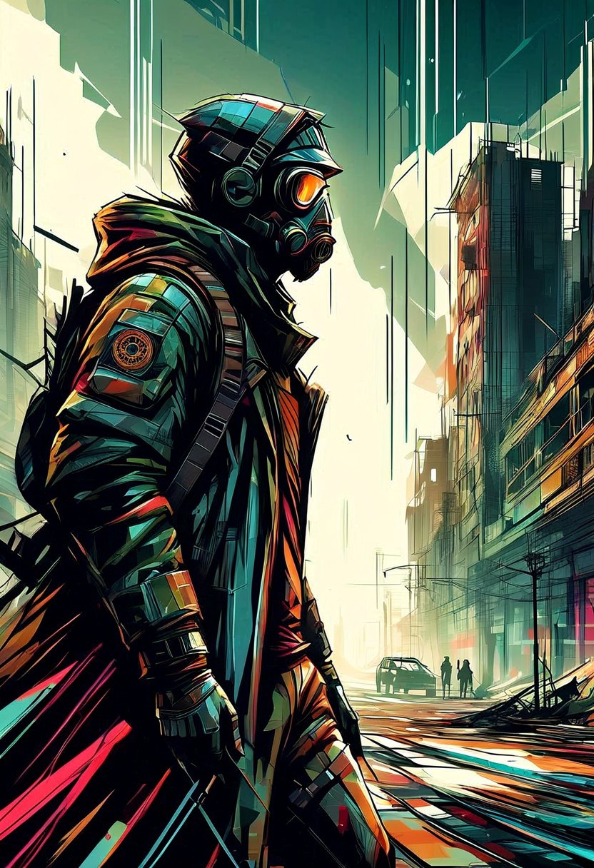 A rugged post-apocalyptic survivor in scavenged armor and a gas mask stands amidst the ruins of a devastated city. Abandoned vehicles, crumbling buildings, haze, extreme close-up, portrait, desolate atmosphere.