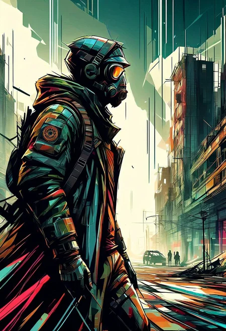 A rugged post-apocalyptic survivor in scavenged armor and a gas mask stands amidst the ruins of a devastated city. Abandoned vehicles, crumbling buildings, haze, extreme close-up, portrait, desolate atmosphere.