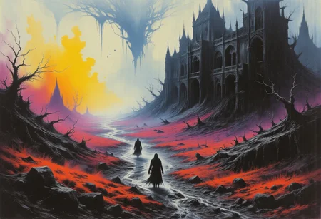 A paranormal realm where death is most alive, the ground writhes with vibrant, dreamcore colors as phantom figures rise, stretching into the sky, reaching toward a distant swirling terminus. Gothic spires loom in the distance, broken yet beautiful in their ruin. The colorful, impressionistic brushstrokes fill the scene with a sense of tragic, mysterious beauty. The landscape feels alive, almost sentient, as it undulates with ghostly figures and fantasy gothic remnants of ancient battles. A haunting silence permeates the air. Inspired by Zdzisław Beksiński, John Blanche, Hieronymus Bosch, Francisco Goya, John William Waterhouse H.R. Giger, Frank Frazetta, Wayne Barlowe,Nicola samori,Hugo van der Goes, eldritch,spectral,otherworldly,terrifying space,absurdes,masterpiece, best quality,color contrast,perfect composition,centered, detailed, intricate, vibrant, absolutely outstanding, professional,perfection,(no humans), high resolution,