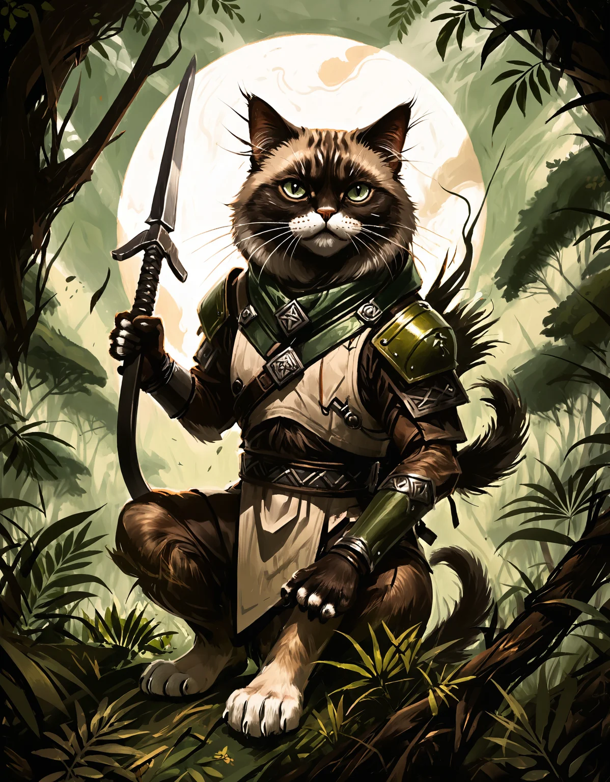 zavy-rghflt, painting, field and forest, Cobra, highly detailed, (Himalayan Cat Technomancer:1.3) , Plain, in Forest Green, Earthy Brown and Cream garb tailored by Wes Gordon, mundane Mechanical Arms, inside a Hagatna, Bathed in shadows, Masterpiece, soft light, perfect composition, dynamic dramatic beautiful full taking, highly complex, ambient background, highly intricate