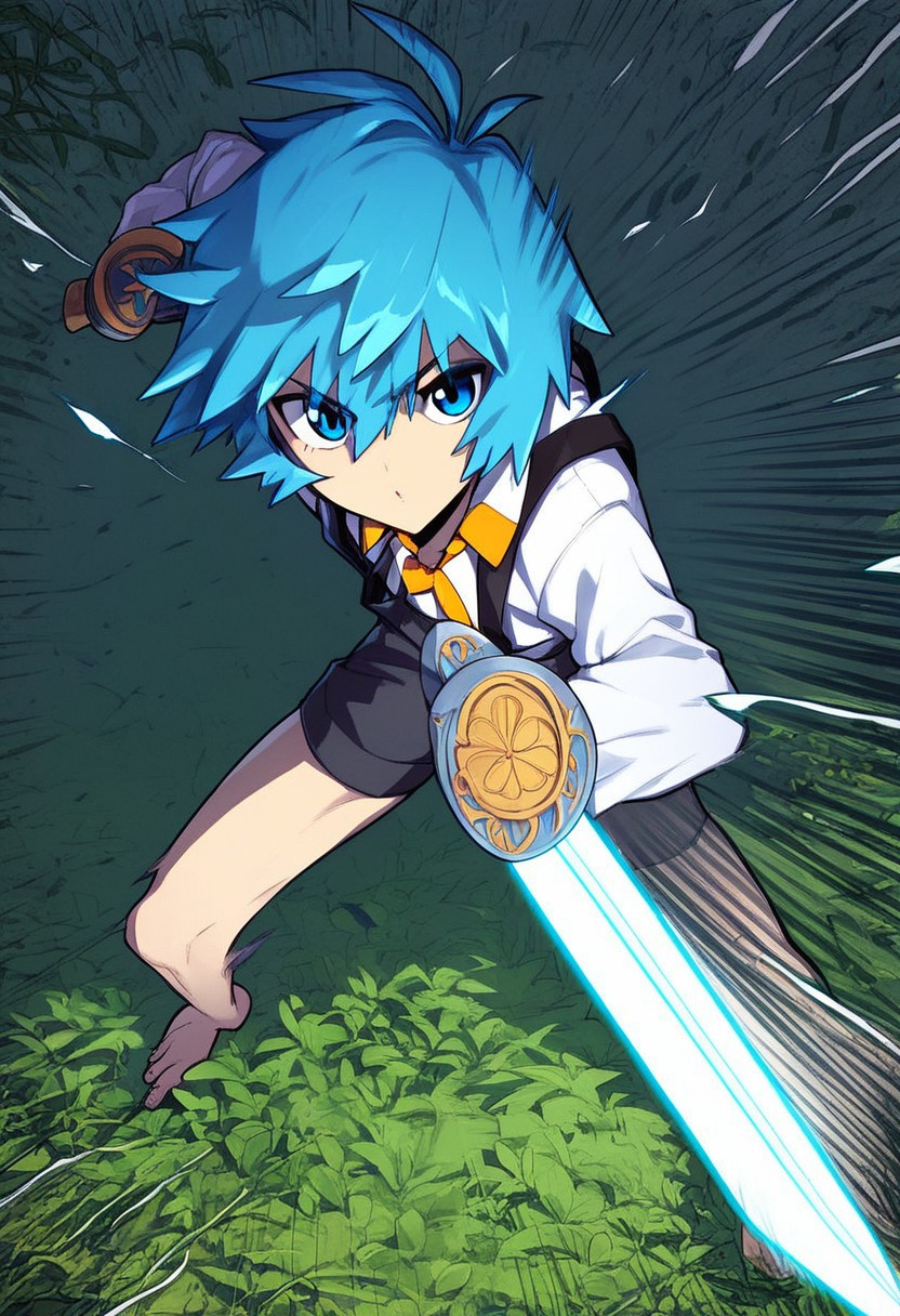 score_9, score_8_up, score_7_up, male, solo male, , androgynous, PramSchneiderManwua, Male, Blue hair, Shaggy spiky hair, Light skin, Focused blue eyes, Intense battle-ready Facial Expression, White shirt, yellow necktie, black suspenders, Slim Body, Holding a glowing sword in a combat stance, Medium shot, Full body, Dramatic lighting with action lines, background, showcasing energy and movement, 1boy, weapon, 1boy, sword, solo, petite body, extremely detailed, shading, Expressiveh, zPDXL3, perfect lighting, looking at viewer, combat stance, park background, motion lines, shadow, masterpiece, perfect hands, handfeet, full-length portrait, full body, 3DMM,