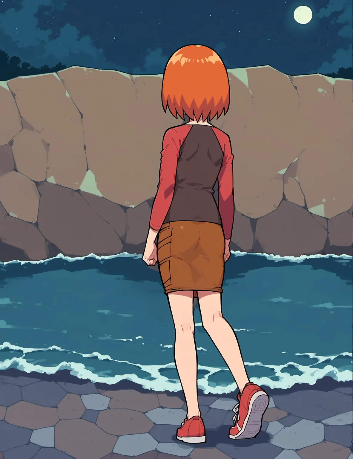 score_9, score_8_up, score_7_up, score_6_up,
BREAK
lunaMWS, 1girl, full body, orange hair, short hair, walking, facing away, from behind,
BREAK
red shirt, long sleeves, brown skirt, pencil skirt, red sneakers
BREAK
night sky, moonlight, moon, starry sky, water, ocean, waves, stone floor, abstract background <lora:Luna_PlanetSurvival:1>