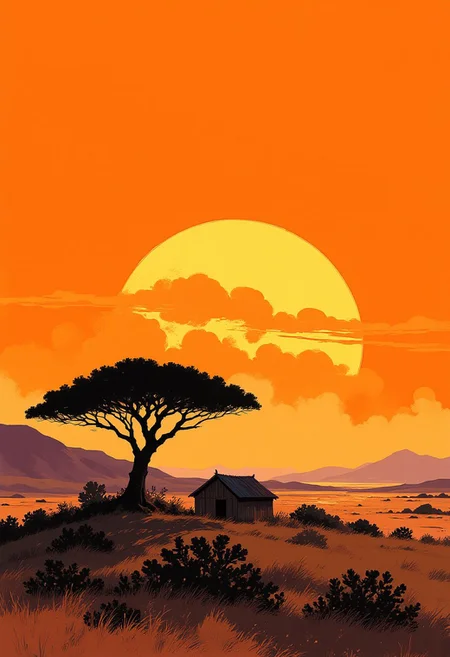 Landscape photography by Bess Hamiti, African Savana, a tree, a hut, hill in the background, massive sunset, orange sky, best composition, stylized illustration, brush strokes, sr3fmj, Anime, Niji, artipencil01