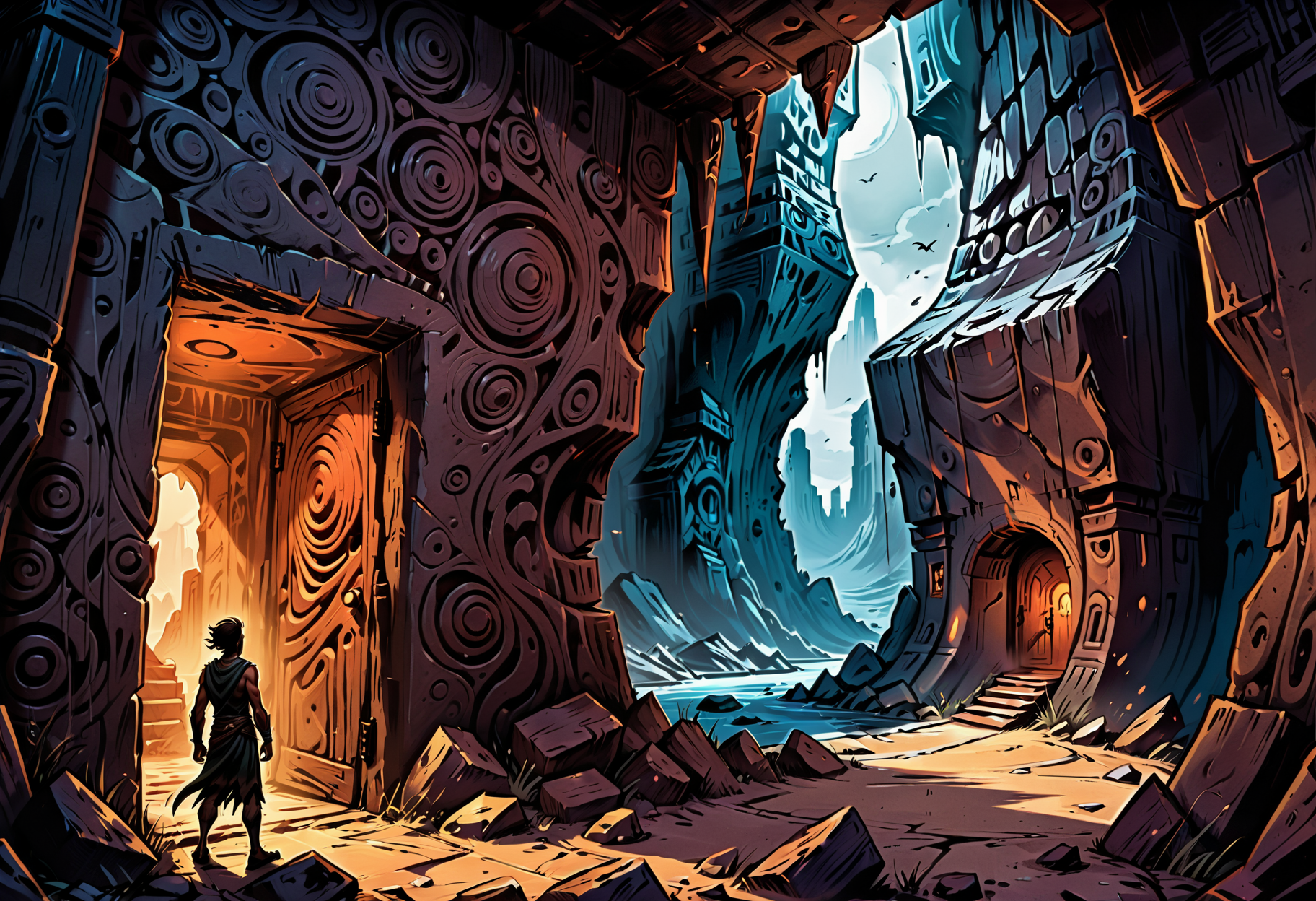 A stylized comic illustration of a view, gazing into an endless chasm with countles photonic monoliths spiraling down its carved walls. An ancient evil awaiting at the end. With intense lighting enhancing the grim setting. The illustration's style is characterized by strong lines, featuring dark and gritty textures with hard shadows as well as intense shadows. The color theme is showcasing vivid shades.   <lora:xl_drawix18>