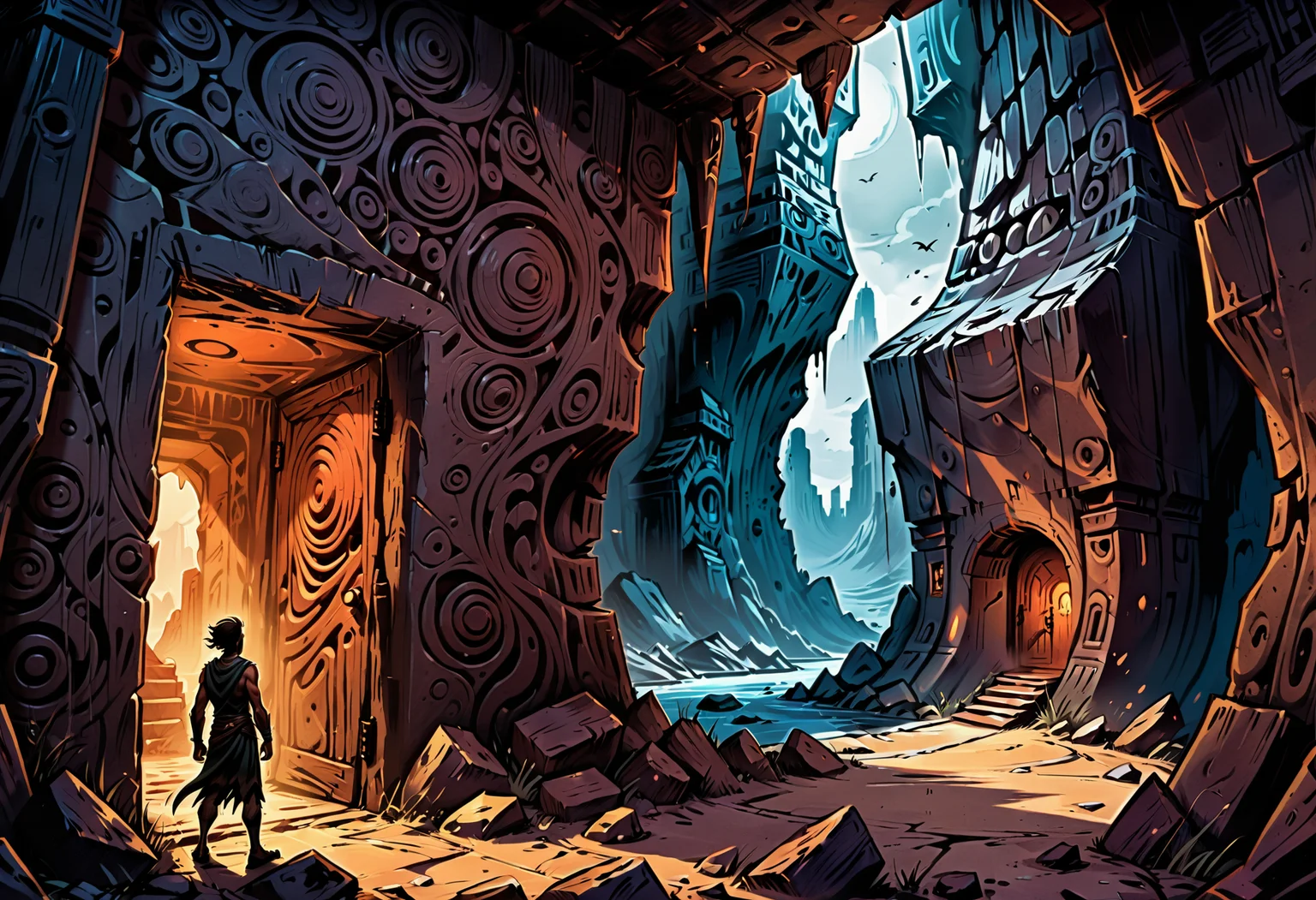 A stylized comic illustration of a view, gazing into an endless chasm with countles photonic monoliths spiraling down its carved walls. An ancient evil awaiting at the end. With intense lighting enhancing the grim setting. The illustration's style is characterized by strong lines, featuring dark and gritty textures with hard shadows as well as intense shadows. The color theme is showcasing vivid shades. <lora:xl_drawix18>