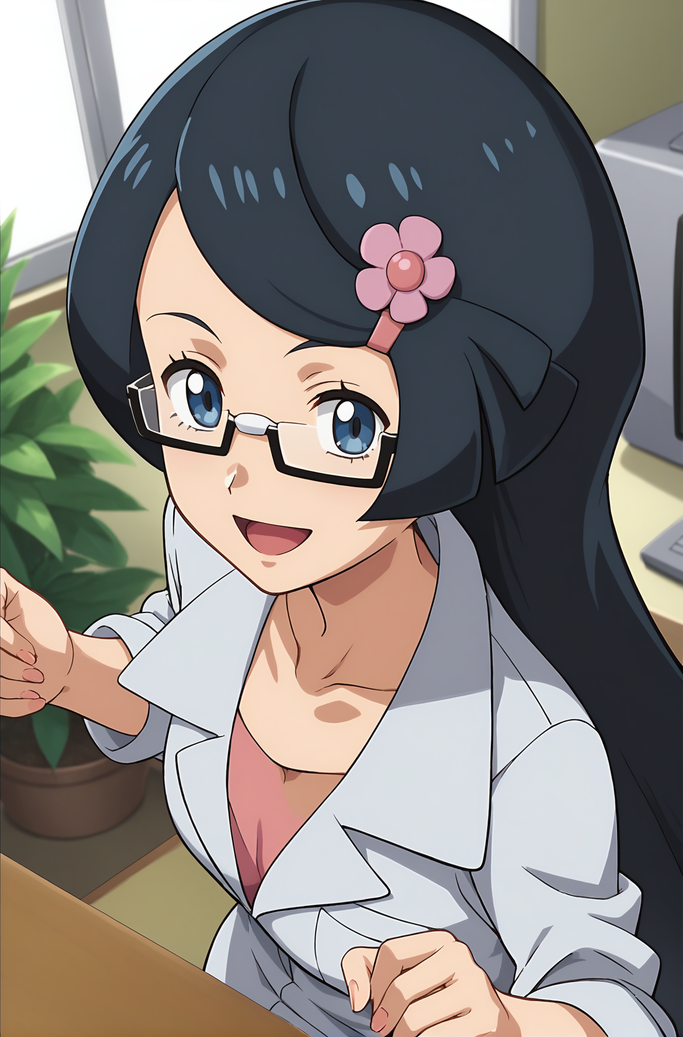 score_9, score_8_up, score_7_up, score_6_up, source anime, anime, animification, anime screencap, anime coloring, vivid colors, shiny skin, skindentation, deep skin, depth of field, high quality, highres, (dynamic angle,dynamic pose),
fennel \(pokemon\), 1girl, long hair, smile, open mouth, shirt, black hair, hair ornament, collarbone, blue eyes, upper body, flower, :d, glasses, hairclip, indoors, munna, pokemon \(creature\), plant, semi-rimless eyewear, labcoat, potted plant, monitor
BREAK
masterpiece,high quality
 <lora:Fennel_PokemonPony:0.9>