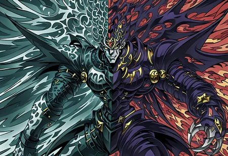 masterpiece,absurdres,rating_safe,anime,jojo's bizzare adventure,detailed linework DUALITY SEGMENTATION MIX OF dexdoru and dorugoramon