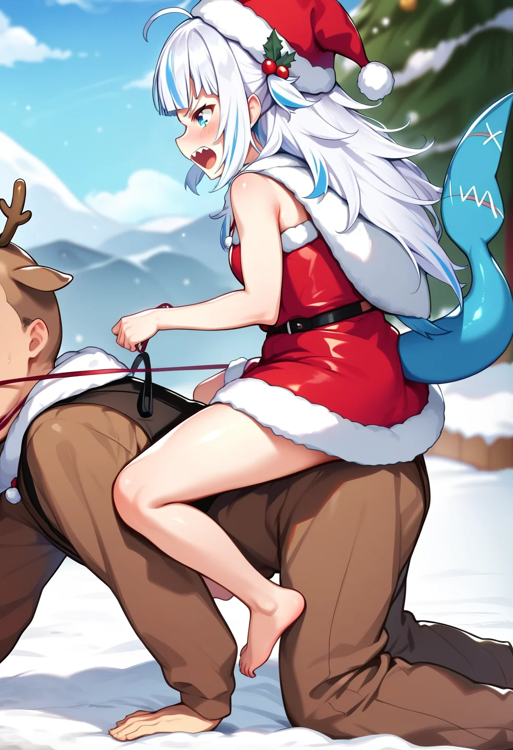 <lora:pony_ride_ponyxl_v7:1>, girl on top, piggyback riding, from side, all fours, femdom, human chair, sitting on person, 1boy, 1girl, barefoot, blue eyes, blue hair, santa costume, reindeer costume, christmas, blue sky, blunt bangs, blush, cloudy sky, day, from side, grass, hair ornament, multicolored hair, open mouth, outdoors, profile, shark girl, shark tail, silver hair, sleeveless, streaked hair, virtual youtuber, gawr gura, blurry background, mountainous horizon, holding leash, holding reins, angry, looking down, looking at another, faceless male, snow, gagged, leash, choker,
BREAK
score_9, score_8_up, score_7_up, score_6_up, anime coloring