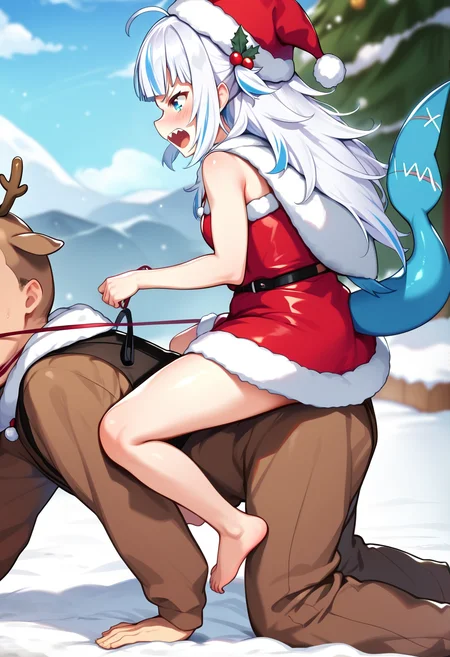 <lora:pony_ride_ponyxl_v7:1>, girl on top, piggyback riding, from side, all fours, femdom, human chair, sitting on person, 1boy, 1girl, barefoot, blue eyes, blue hair, santa costume, reindeer costume, christmas, blue sky, blunt bangs, blush, cloudy sky, day, from side, grass, hair ornament, multicolored hair, open mouth, outdoors, profile, shark girl, shark tail, silver hair, sleeveless, streaked hair, virtual youtuber, gawr gura, blurry background, mountainous horizon, holding leash, holding reins, angry, looking down, looking at another, faceless male, snow, gagged, leash, choker,
BREAK
score_9, score_8_up, score_7_up, score_6_up, anime coloring