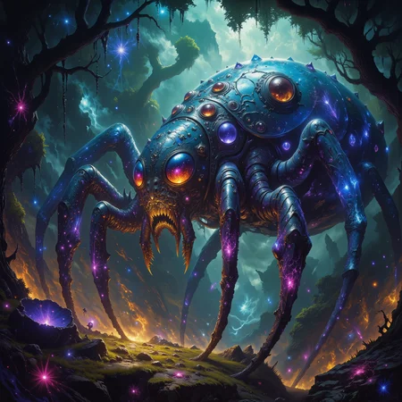 highly detailed, intricate, detailed background, famous artwork inspired by jean-francois millet and thomas baxa and michael whelan and magali villeneuve, dark scifi style, fractal art, beware this otherworldly glowing invertebrate abomination, aptly named "wailing lurdwill", with its many legs, this exotic, deadly poisonous creature roams the bioluminescent skrunkleshroom forests and psionified jungles of its alien world "granitor ii", where gigantic thorgles and towering grumptrees flumber in the mist, golden ratio, in the style of ck-ovf, amanoer, arsmjstyle, dnddarkestfantasy, aidmamj6.1,
<lora:style-oneviolentfantasy-ep21-flux-by_chronoknight:0.52>
<lora:style-yoshitaka_amano-elden_ring-flux-by_alicient:0.4>
<lora:style-dnd_dark_fantasy-flux-by_arsmachina:0.64>
<lora:midjourney_61-v0.4-flux-by_aidma:0.68>
<lora:faetastic_details-flux-by_faeia:0.76>