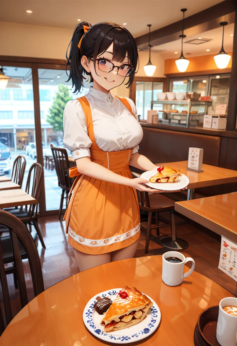 masterpiece, best quality, very aesthetic, absurdres,
AMSC, uniform, waitress, 1girl, solo, glasses, looking at viewer, orange apron, orange skirt, smile, black hair, standing, bangs, shirt, short sleeves, ponytail,
AMTS, scenery, restaurant, chair, table, indoors, cherrypie, AMTS, plate, cup, coffee, mug, saucer, coffee mug, still life, food, plate, table, food focus, wooden table, drinking glass, glass,
<lora:AMSC_SDXL_V3:0.6>