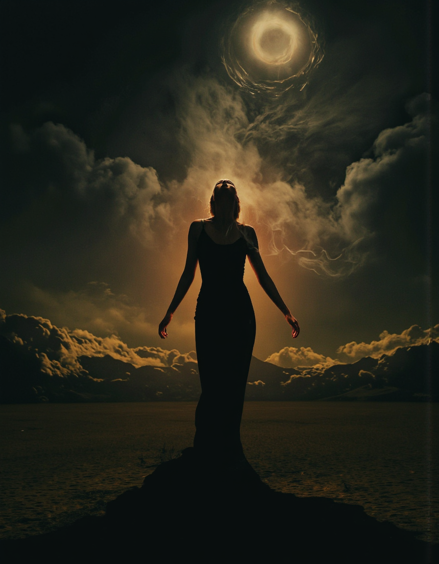 Art by Brooke Shaden. A digital illustration shoot from a frontal camera angle about a mysterious figure standing in a surreal landscape, surrounded by swirling light effects. the image also shows a woman, standing in the middle of the image, with her full body visible. she is wearing a form-fitting black dress that accentuates her slender physique. her hair is styled in a sleek, straight look, and her eyes are directed straight ahead, giving her a serene and ethereal appearance. the woman is standing with her arms stretched out to the sides, looking up at the soft, glowing light that illuminates her face and body. the background is a dark, foggy landscape with a large, circular structure resembling a spaceship or spaceship in the distance, which is suspended in mid-air, creating a sense of depth and dimensionality. the lighting is dramatic, with a warm, orange glow emanating from the woman's body, adding to the sense of movement and energy in the scene. the overall effect is one of awe and wonder, with the woman standing in awe of the vastness of the space.