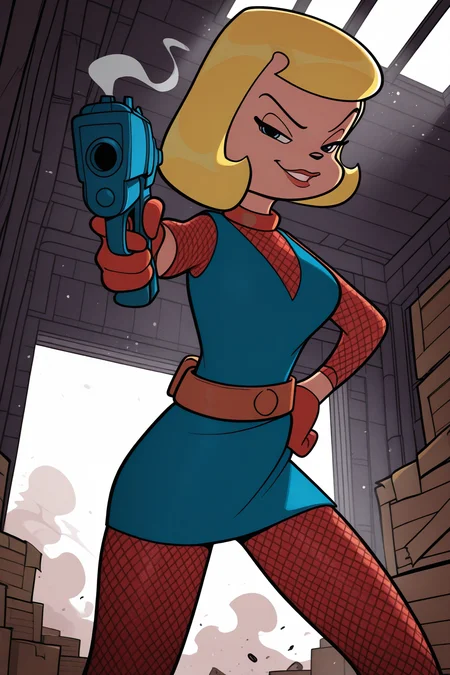 masterpiece, best quality, amazing quality, absurdres, solo, sirena seducy, blonde hair, blue eyes, half-closed eyes, smirk, holding gun, aiming at viewer, from below, hand on hip, smoking gun, blue dress, red fishnet gloves, brown belt, red fishnet pantyhose, outdoors, warehouse, boxes, shelfs, dark atmosphere, window, light rays, dust cloud, light particles, dust particles, moody lighting, harsh shadows, stylized