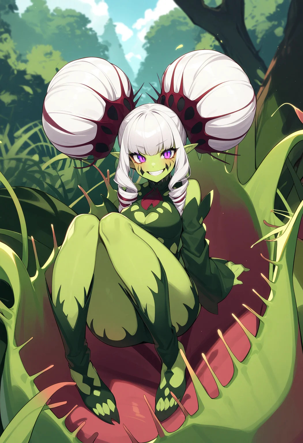 (venus flytrap), claustrophyte, spikes, plant, nature, 1girl, colored skin, curly hair, detached sleeves, green hair, green skin, grin, hair ornament, long hair, monster girl, monster girl encyclopedia, multicolored hair, pointy ears, purple eyes, sharp teeth, smile, solo, teeth, twintails, white hair, knees up, from above, full body, cute, nature, outdoors, scenery, forest,
masterpiece, best quality, very aesthetic, absurdres
<lora:monmusu_plant_girl_ani_v13:1>