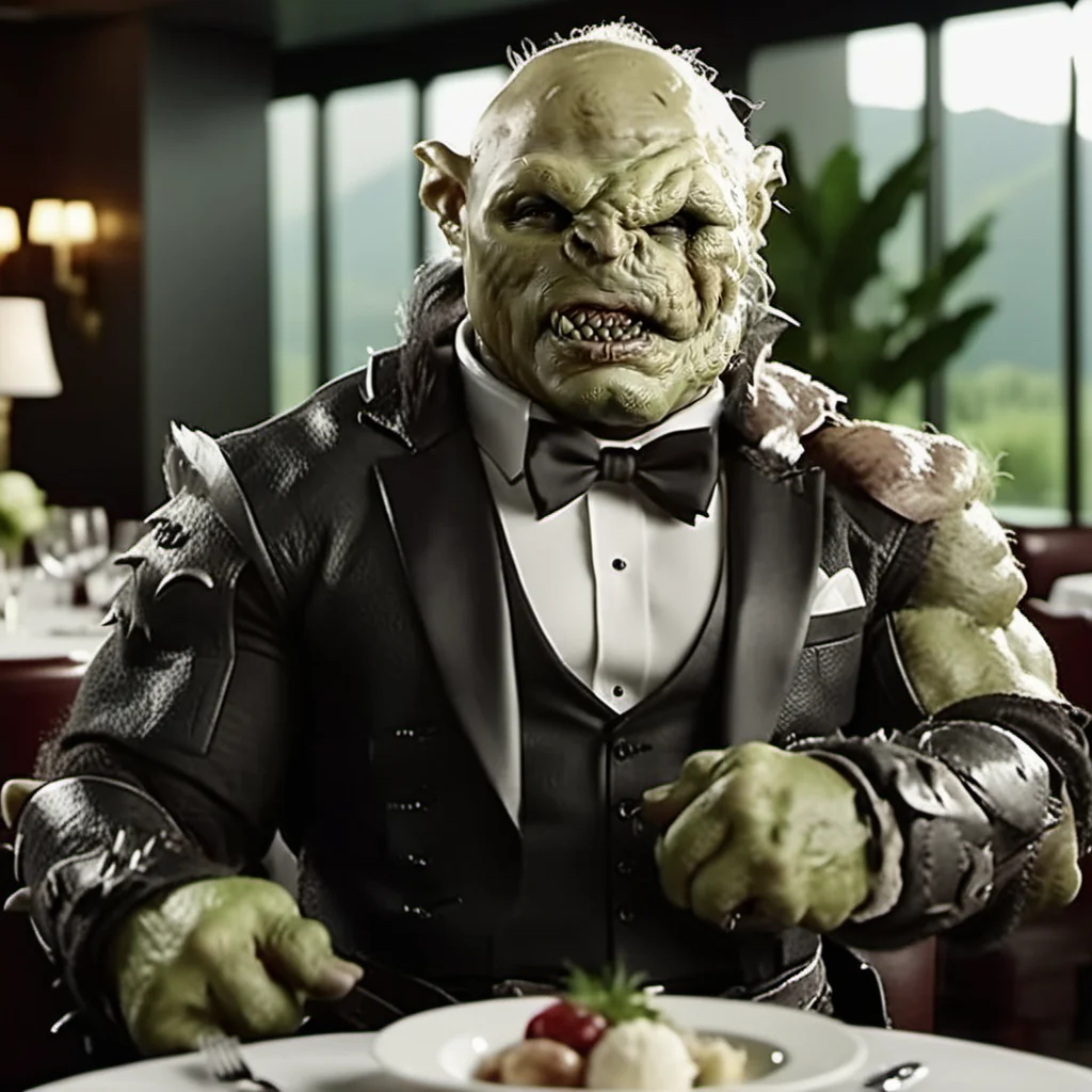 Orc1024, an orc wears a tuxedo in a luxe restaurant, highly detailed, photography, ultra sharp, film, bokeh, professional, 64k <lora:Orc1024:0.8>