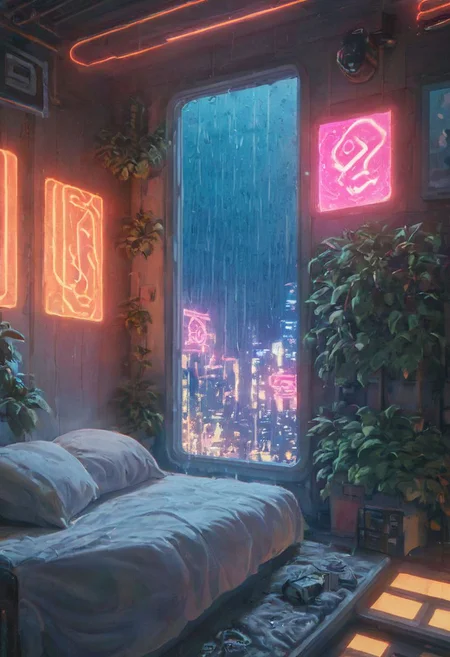 score_9,score_8_up,score_7_up,score_6_up,
steaming coffee cup on windowsill, plants on the windowsill, wall of plants, monstera plant, large plant, tidy bedrrom, small room, cramped bedroom, teddies on the bed, cyberpunk city view out of the window, neon light, purple neon lights, rain, rain outside, rain on the window