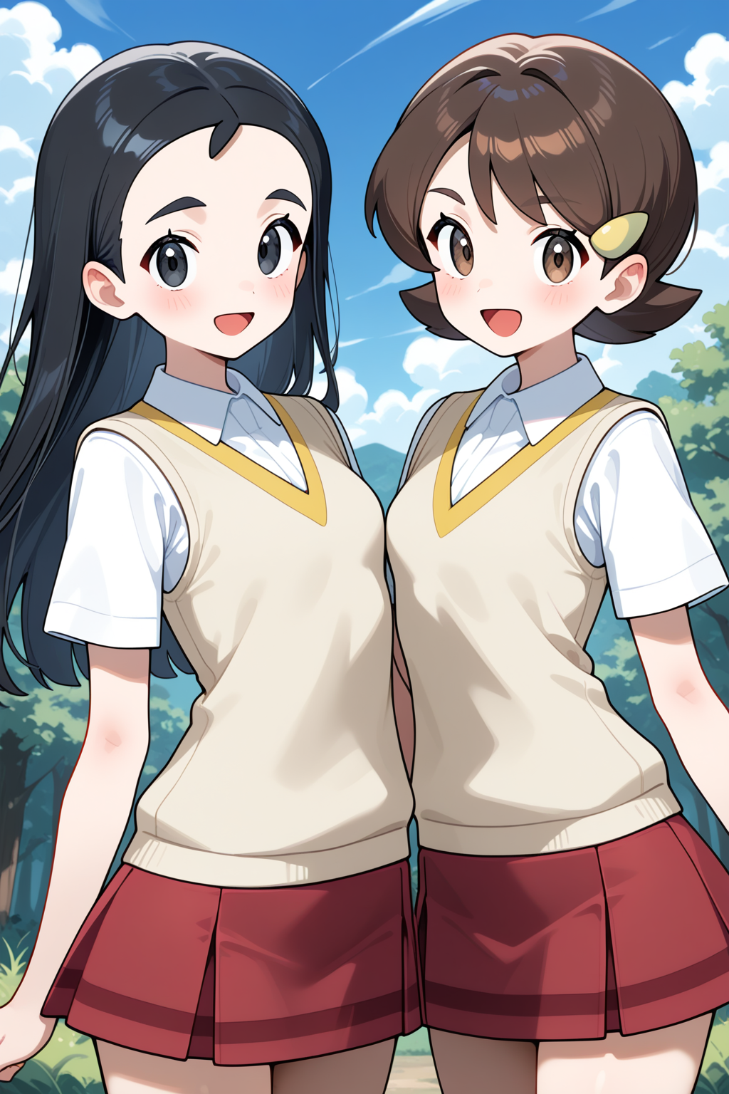 2d, masterpiece, best quality, amazing quality, highres, absurdres, newest, 2girls, standing, smile, open mouth, cowboy shot, upper body, sky, clouds, woods, teammates \(pokemon\), senpai, long hair, black hair, black eyes, kohai, short hair, brown hair, brown eyes, collared shirt, short sleeves, beige sweater vest, red skirt, miniskirt,,masterpiece,best quality,newest,absurdres,highres,very awa