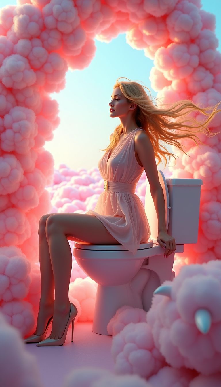 text "Next Level Toiletes" portal into cotton candy land, magical woman with golden hair weaving in the wind, wearing a translucent dress and high heels, close up,sitting on a toilette, cotton candy sheep, 
