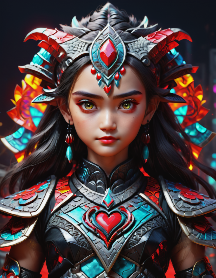 ( fullbody shot:3.0) Young adult, Full-figured, Maori, Gray eyes,     Angular Cheeks, Flat Forehead, Heart face shape, Well-defined Veins, Bold and colorful makeup , Black Long and straight hair, Boredom wearing F41Arm0rXL <lora:Fae_Armor_XL:1>
