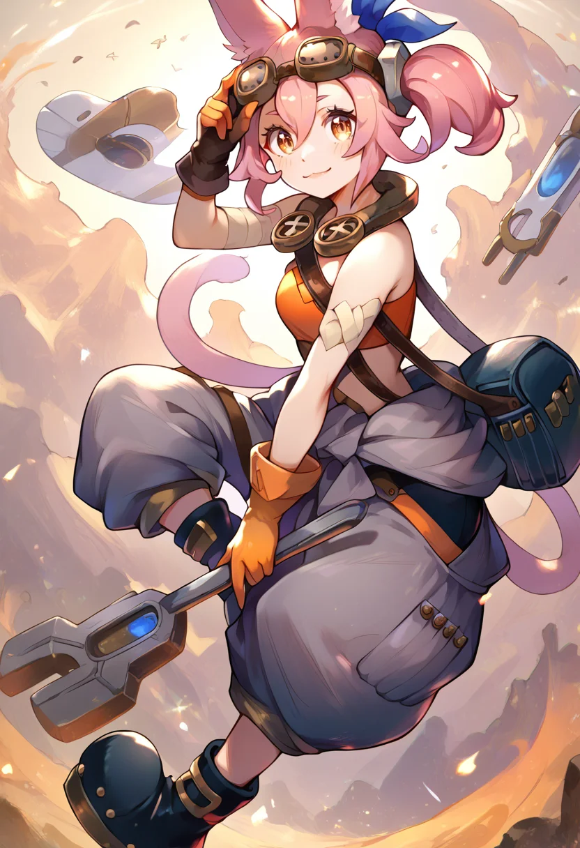 (score_9:0.9),score_8_up,score_7_up,anime style,rating_safe,(zPDXL),<lora:Tri-brigade kitt ponyXL v2:0.75>,goggles on head,tri-brigade kitt,ordinary clothes,Black boots,orange gloves,smile,holding,large wrench on back,wearing bag,