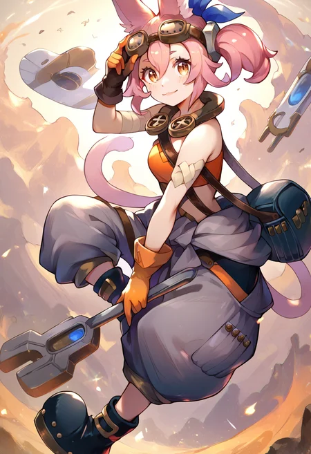 (score_9:0.9),score_8_up,score_7_up,anime style,rating_safe,(zPDXL),<lora:Tri-brigade kitt ponyXL v2:0.75>,goggles on head,tri-brigade kitt,ordinary clothes,Black boots,orange gloves,smile,holding,large wrench on back,wearing bag,
