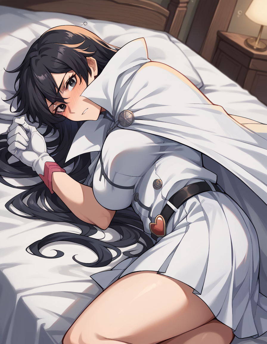 score_9, score_8_up, score_7_up, source_anime, <lora:bambietta-basterbine-ponyxl-lora-nochekaiser:1>, bambietta basterbine, long hair, black hair, black eyes, large breasts,, skirt, gloves, belt, cape, cloak, white cloak,, indoors, bed, bed room, on side, blush, drunk, looking at viewer, solo,, cowboy shot, dutch angle