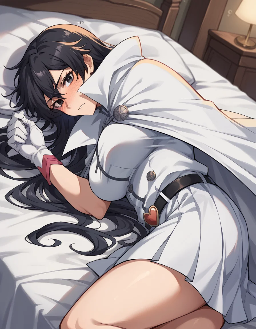 score_9, score_8_up, score_7_up, source_anime, <lora:bambietta-basterbine-ponyxl-lora-nochekaiser:1>, bambietta basterbine, long hair, black hair, black eyes, large breasts,, skirt, gloves, belt, cape, cloak, white cloak,, indoors, bed, bed room, on side, blush, drunk, looking at viewer, solo,, cowboy shot, dutch angle